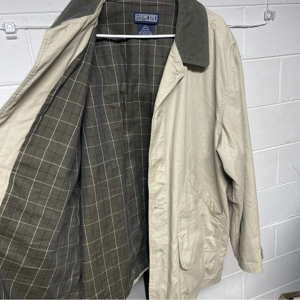 Lands’ End Tan Field Jacket Coat Corduroy Collar Plaid Lined Men’s XL 46–48 - Picture 4 of 12